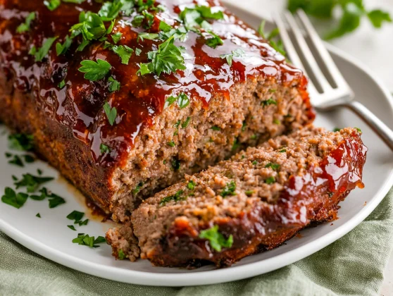 Sliced Best Classic Meatloaf On A White Plate, Garnished With Parsley And Served With A Light Glaze