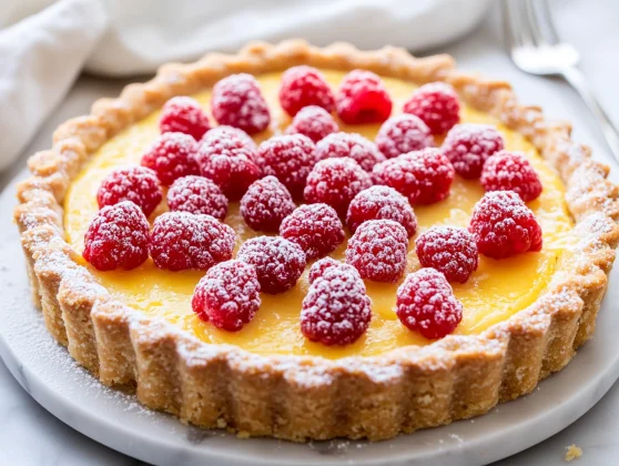 The Best Lemon Tart Recipe With Almond Crust: Easy &Amp; Delicious 2 Best Lemon Tart On A White Plate, Topped With Raspberries And Dusted With Confectioners' Sugar