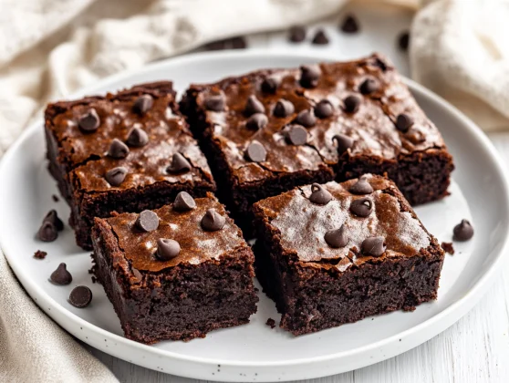 Decadent Black Bean Brownies On A White Plate, Topped With Melted Chocolate And A Sprinkle Of Chocolate Chips.
