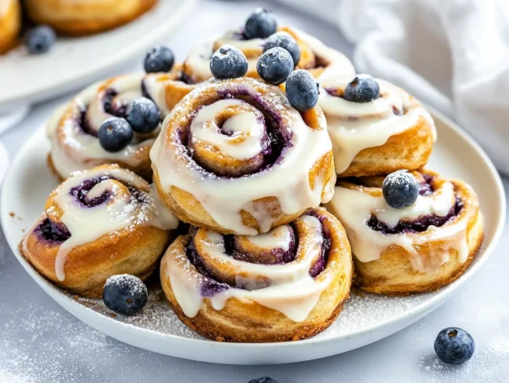 Best Blueberry Cinnamon Rolls With Cream Cheese Frosting 2 Stack Of Blueberry Cinnamon Rolls Drizzled With Cream Cheese Frosting On A White Plate, Garnished With Blueberries