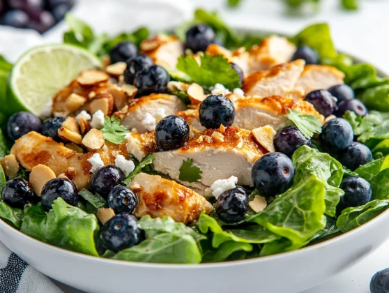 Blueberry Goat Cheese Chicken Salad In A White Bowl Topped With Blueberries, Goat Cheese, And Peanut Dressing