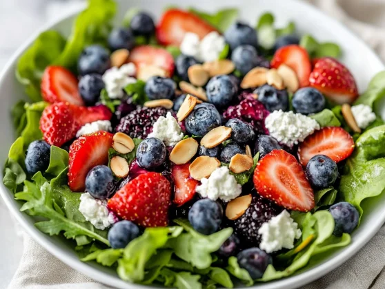Vibrant Blueberry Goat Cheese Salad With Fresh Greens, Strawberries, And Blueberries On A White Bowl