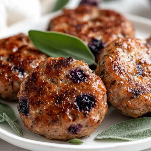 Juicy Blueberry Turkey Sausage Patties Served On A White Plate, Garnished With Fresh Sage And Natural Light