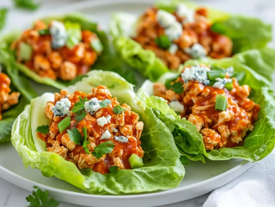 Buffalo Chicken Lettuce Wraps On A White Plate, Filled With Ground Chicken, Garnished With Blue Cheese And Parsley.