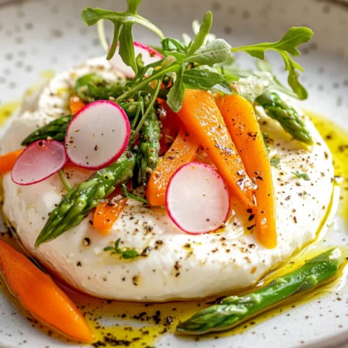 Burrata With Pickled Vegetables On A White Plate Topped With Fresh Rocket And A Drizzle Of Olive Oil