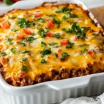 Golden Burrito Bake Topped With Melted Cheese And Fresh Vegetables On A White Plate