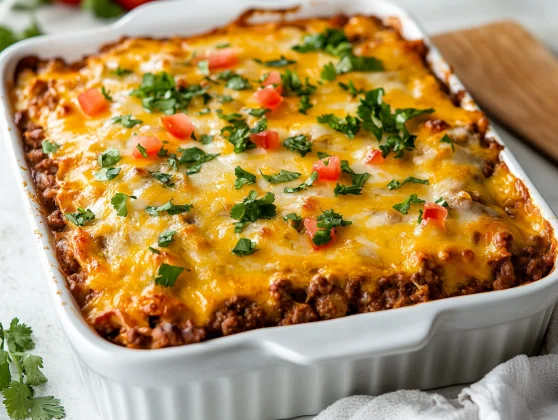 Golden Burrito Bake Topped With Melted Cheese And Fresh Vegetables On A White Plate