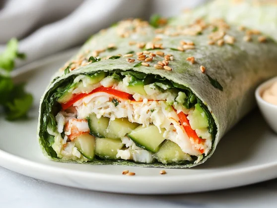 California Roll Wraps Served On A White Plate, Garnished With Sesame Seeds And Wasabi Mayonnaise
