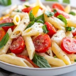 Caprese Pasta Salad With Heirloom Tomatoes And Mozzarella On A White Plate, Garnished With Fresh Basil