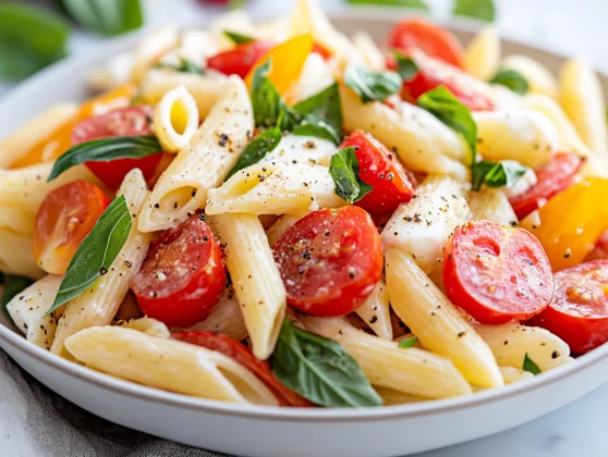 Caprese Pasta Salad With Heirloom Tomatoes And Mozzarella On A White Plate, Garnished With Fresh Basil