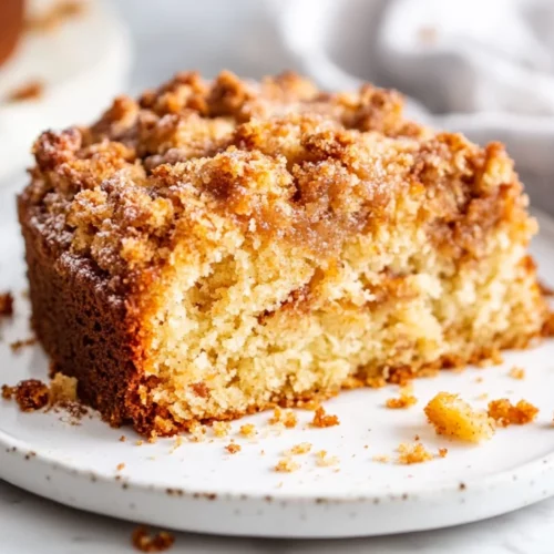 Slice Of Carrot Cake Coffee Cake On A White Plate With Golden Streusel Topping And Fresh Herbs