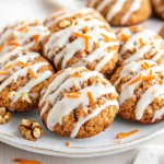 Plate Of Soft Carrot Cake Cookies Drizzled With Cream Cheese Icing And Garnished With Shredded Carrots And Walnuts