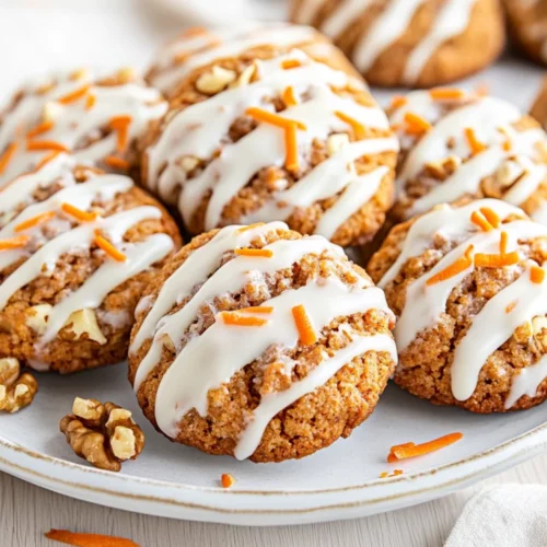 Soft And Chewy Carrot Cake Cookies With Cream Cheese Icing 2 Plate Of Soft Carrot Cake Cookies Drizzled With Cream Cheese Icing And Garnished With Shredded Carrots And Walnuts