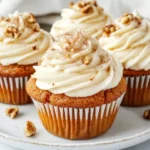 Delicious Carrot Cake Cupcakes Topped With Creamy Frosting And Walnuts On A White Plate