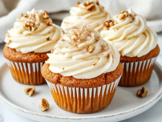 Perfect Carrot Cake Cupcakes With Cream Cheese Frosting 2 Delicious Carrot Cake Cupcakes Topped With Creamy Frosting And Walnuts On A White Plate
