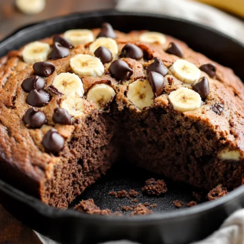 Cast Iron Chocolate Chip Banana Bread: Moist, Easy &Amp; Delicious 2 Freshly Baked Cast Iron Chocolate Chip Banana Bread In A Skillet, Sliced With Melting Chocolate And Garnished With Banana Chips