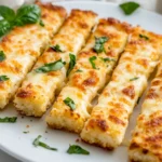 Golden Cauliflower Breadsticks On A White Plate Garnished With Fresh Herbs, Showcasing Crispy Edges And Melted Cheese