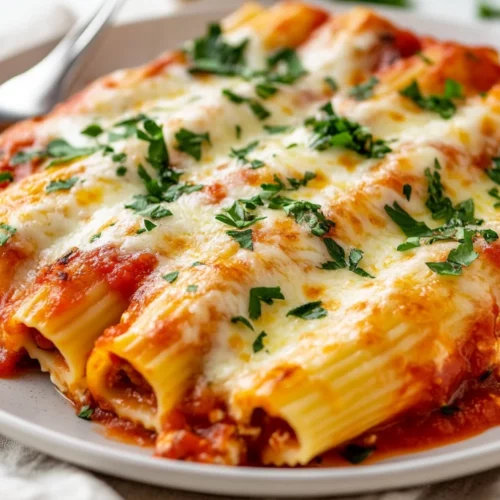 Cheese Manicotti Served On A White Plate, Topped With Vibrant Marinara Sauce And Garnished With Parsley.