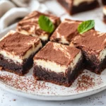 Cheesecake Brownies On A White Plate Topped With A Creamy Swirl And Mint Garnish