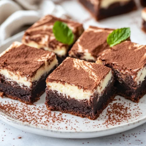 Creamy And Fudgy Cheesecake Brownies - A Healthy Twist 2 Cheesecake Brownies On A White Plate Topped With A Creamy Swirl And Mint Garnish