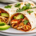 Sliced Chicken Avocado Wraps On A White Plate Garnished With Cilantro And Lime Juice