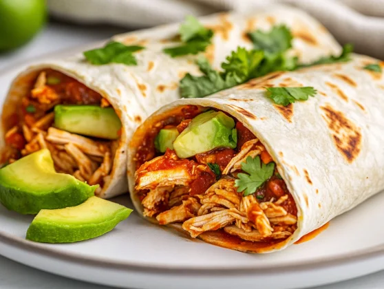 Sliced Chicken Avocado Wraps On A White Plate Garnished With Cilantro And Lime Juice