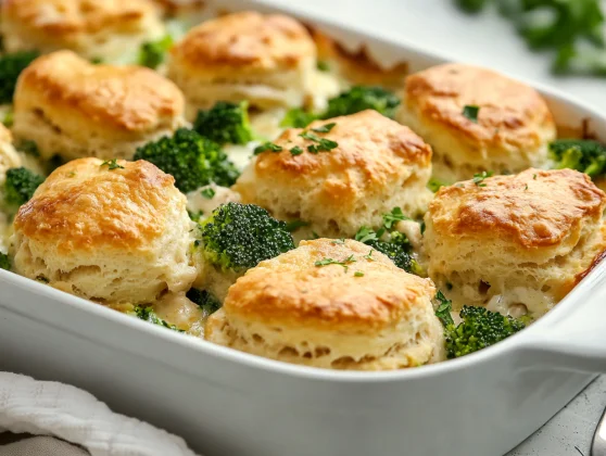 Delicious Chicken Biscuit Casserole With Broccoli, Golden Biscuits, And Fresh Parsley Garnish In A White Dish