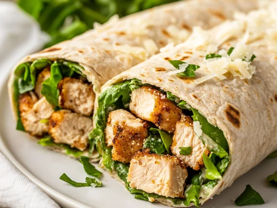 Healthy Chicken Caesar Wrap On A White Plate, Garnished With Parmesan Cheese And Fresh Basil