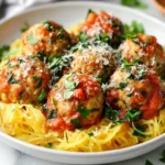 Plate Of Chicken Florentine Meatballs Over Spaghetti Squash, Garnished With Parsley And Parmesan Cheese