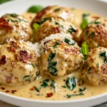 Chicken Florentine Meatballs In Creamy Sauce Garnished With Fresh Basil And Parmesan On A White Plate