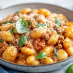 Delicious Chicken Gnocchi Skillet Topped With Fresh Basil And Parmesan On A White Plate