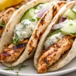 Delicious Chicken Gyros Wrapped In Pita, Topped With Tzatziki Sauce, Cucumbers, And Onions On A White Plate.