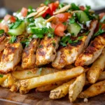 Delicious Chicken Gyros Fries Topped With Grilled Chicken, Cucumber-Tomato Salad, And Feta Dip On A Wooden Board.