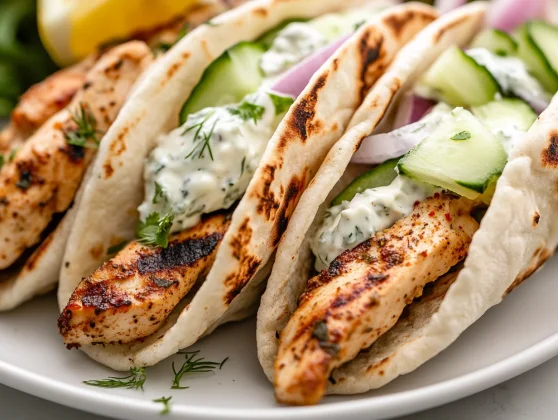 Healthy Chicken Gyros Recipe – Quick &Amp; Delicious Dinner Idea 2 Delicious Chicken Gyros Wrapped In Pita, Topped With Tzatziki Sauce, Cucumbers, And Onions On A White Plate.