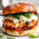 Healthy Chicken Parmesan Burger Topped With Melted Cheese And Fresh Basil On Toasted Bread, Served On A White Plate.