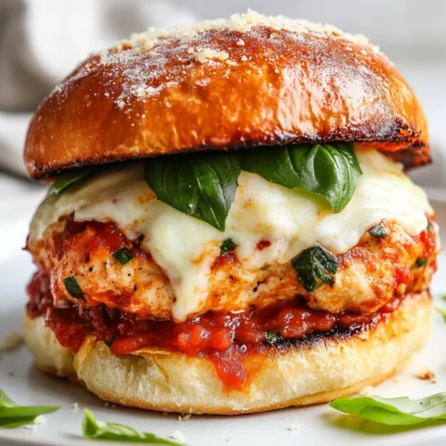 Healthy Chicken Parmesan Burger Topped With Melted Cheese And Fresh Basil On Toasted Bread, Served On A White Plate.