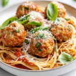 Delicious Chicken Pesto Meatballs With Whole Grain Spaghetti, Garnished With Basil And Parmesan On A White Plate.
