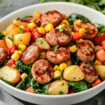 Vibrant Chicken Sausage Skillet Dinner In A White Bowl With Red Potatoes, Corn, And Spinach