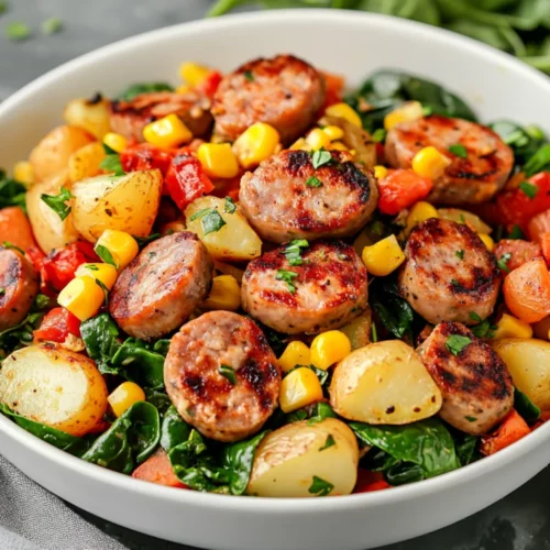 Healthy And Easy Chicken Sausage Skillet Dinner Recipe 2 Vibrant Chicken Sausage Skillet Dinner In A White Bowl With Red Potatoes, Corn, And Spinach