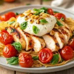 Delicious Chicken Spaghetti With Burrata Served On A Rustic Plate, Garnished With Fresh Basil And Roasted Tomatoes