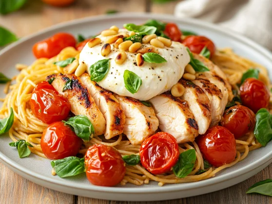 Chicken Spaghetti With Burrata: Easy &Amp; Delicious Lemon Garlic Recipe 2 Delicious Chicken Spaghetti With Burrata Served On A Rustic Plate, Garnished With Fresh Basil And Roasted Tomatoes