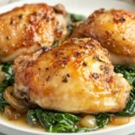 Succulent Chicken Thighs With Shallots And Spinach On A White Plate, Garnished With Creamy Sauce And Fresh Herbs.