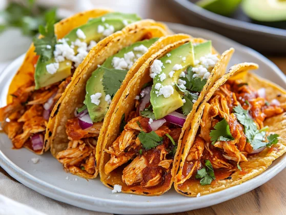 Colorful Chicken Tinga Tacos On A White Plate Garnished With Avocado, Cotija, And Cilantro