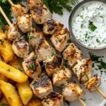 Chicken Tzatziki Skewers Served On A White Plate With Crispy Feta Fries And Fresh Herbs, Accompanied By Tzatziki Sauce.