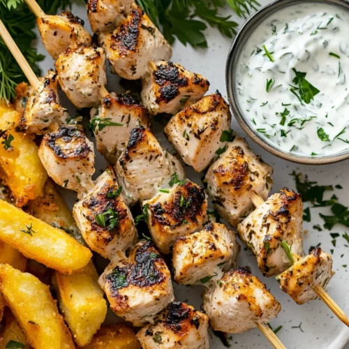 Chicken Tzatziki Skewers: Healthy And Delicious With Feta Fries 2 Chicken Tzatziki Skewers Served On A White Plate With Crispy Feta Fries And Fresh Herbs, Accompanied By Tzatziki Sauce.