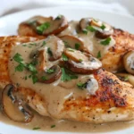 Tender Chicken With Mushroom Sauce On A White Plate, Garnished With Parsley And Sautéed Mushrooms For A Delicious Meal.
