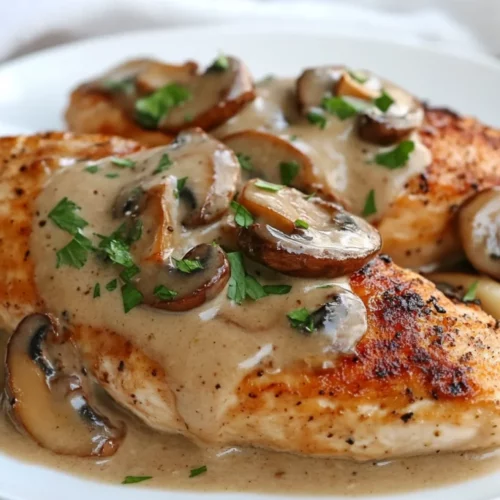Healthy Chicken With Mushroom Sauce - Easy, Quick &Amp; Delicious 2 Tender Chicken With Mushroom Sauce On A White Plate, Garnished With Parsley And Sautéed Mushrooms For A Delicious Meal.