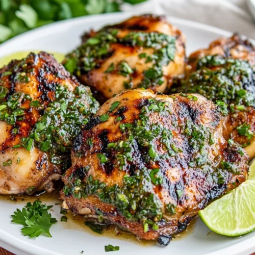 Grilled Chicken Thighs With Chimichurri Chicken Marinade On A White Plate, Garnished With Parsley And Lime Slices