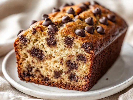The Best Chocolate Chip Banana Bread Recipe For A Healthy Treat 2 Delicious Chocolate Chip Banana Bread Slice On A White Plate, Showcasing Melty Chocolate Chips And Banana Texture