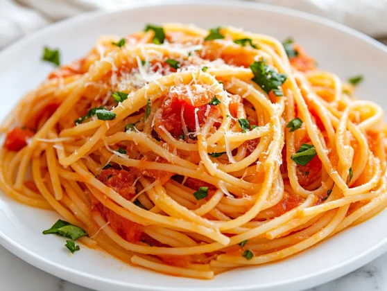 Classic Tomato Basil Pasta Recipe: Quick, Healthy &Amp; Delicious 2 Classic Tomato Basil Pasta Twirled On A White Plate, Topped With Parmesan Cheese And Fresh Basil